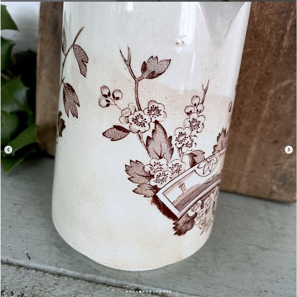 Vintage Ironstone Brown Transferware Pitcher Aesthetic Bird Stained Crazed - Picture 4 of 9